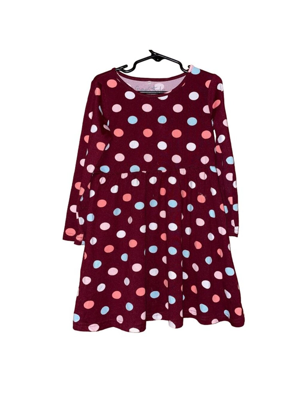 Girls Burgundy Polka Dot Freestyle Long-Sleeve Dress